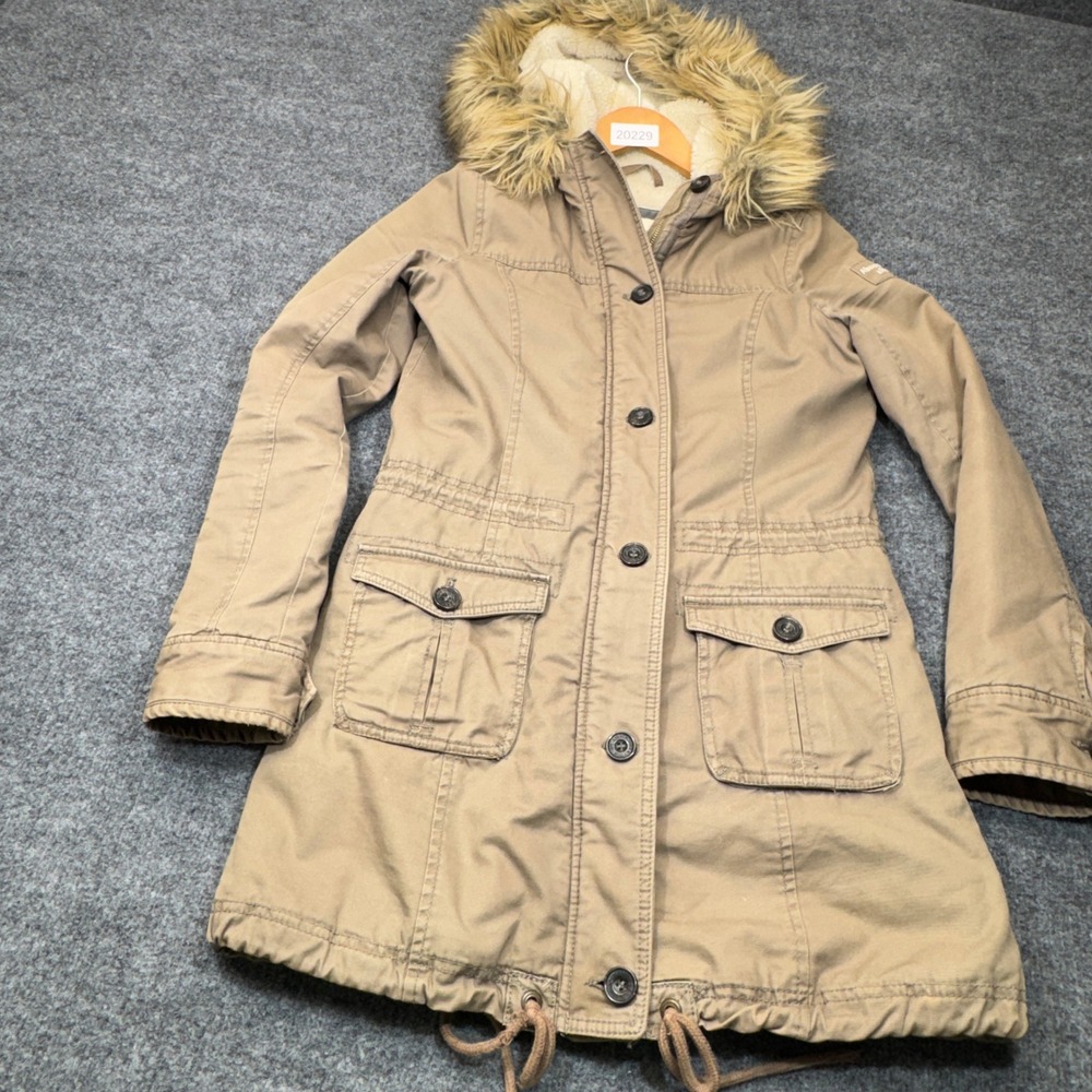 Abercrombie & Fitch Parka Jacket Womens Small Brown Faux Fur Hood Sherpa Lined